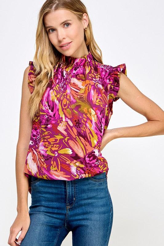 Sleeveless Mockneck Top in Fall Floral - Waverly Paige Boutique