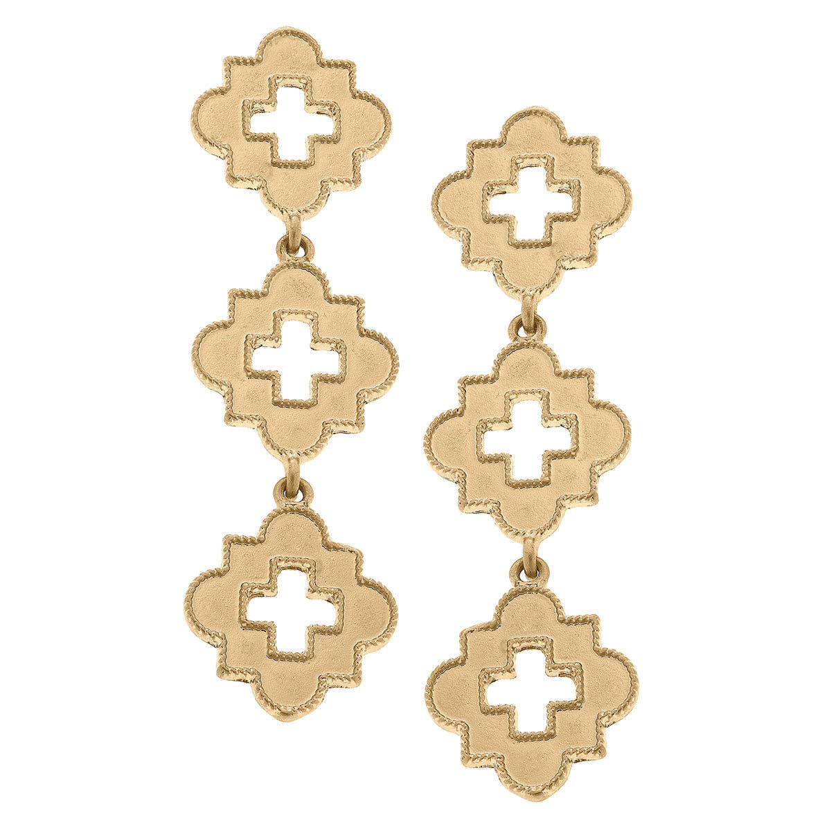 Moriah Quatrefoil Cross Triple Drop Earrings in Worn Gold