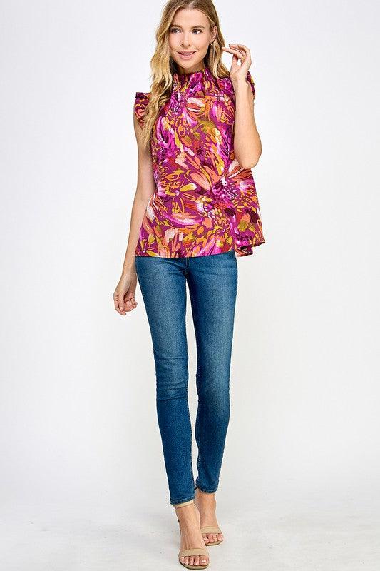 Sleeveless Mockneck Top in Fall Floral - Waverly Paige Boutique