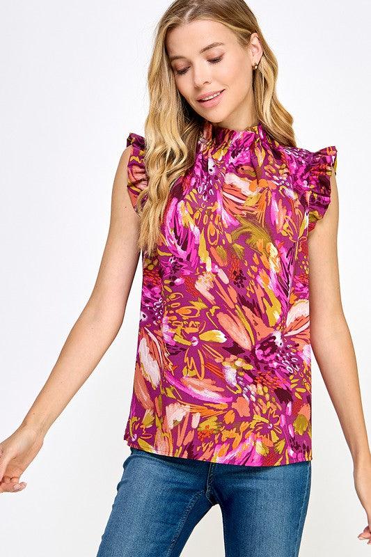 Sleeveless Mockneck Top in Fall Floral - Waverly Paige Boutique