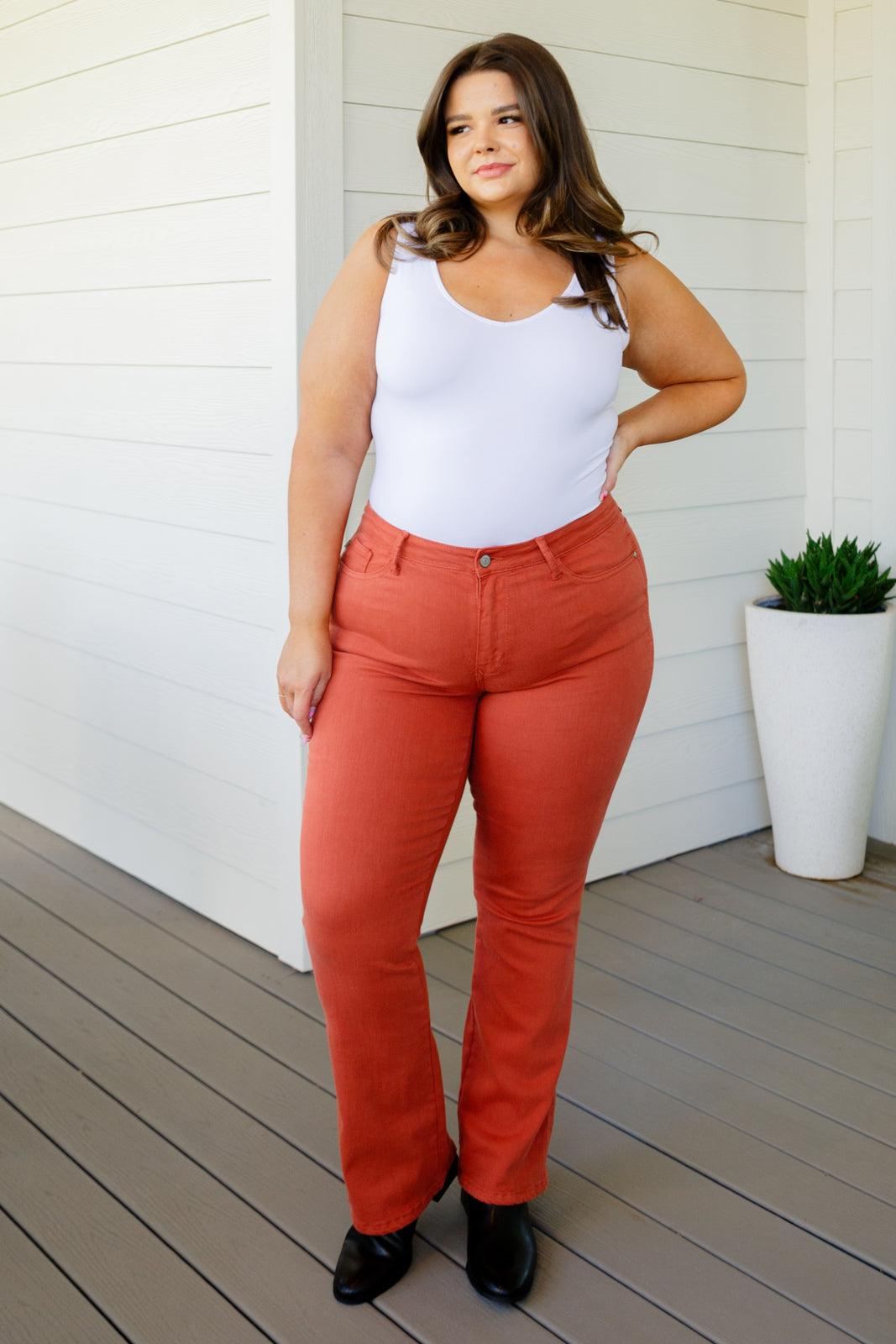 Autumn Mid Rise Slim Bootcut Jeans in Terracotta - Waverly Paige Boutique