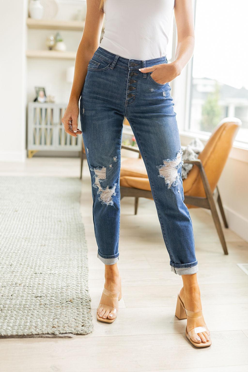 Colt High Rise Button Fly Distressed Boyfriend Jeans - Waverly Paige Boutique