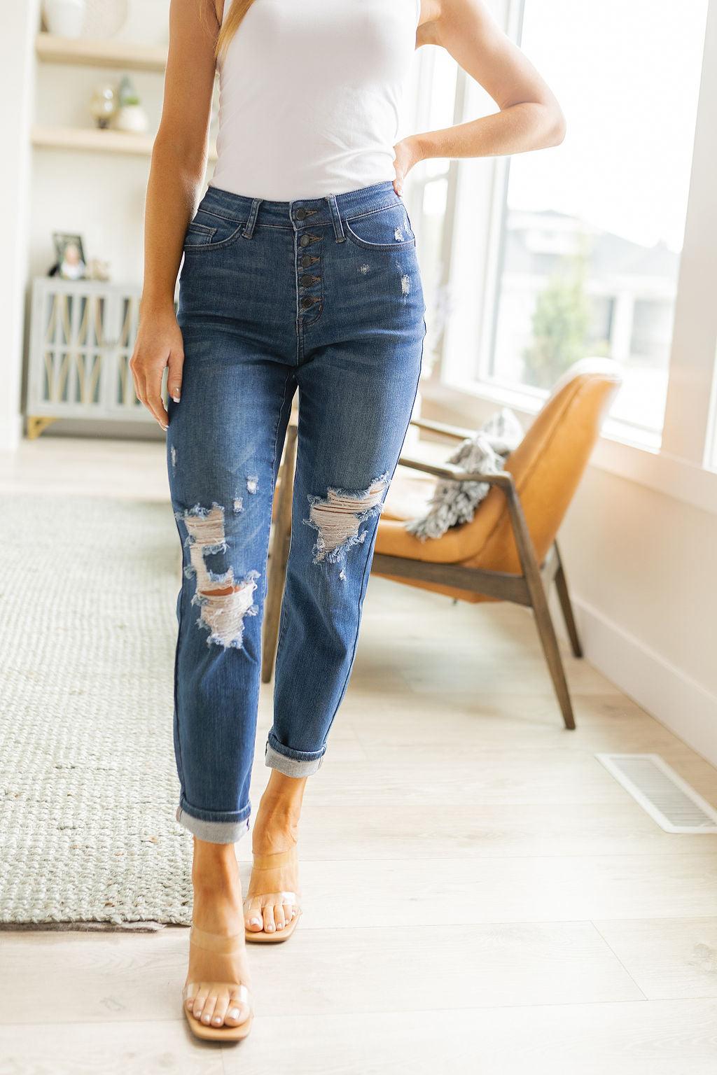 Colt High Rise Button Fly Distressed Boyfriend Jeans - Waverly Paige Boutique
