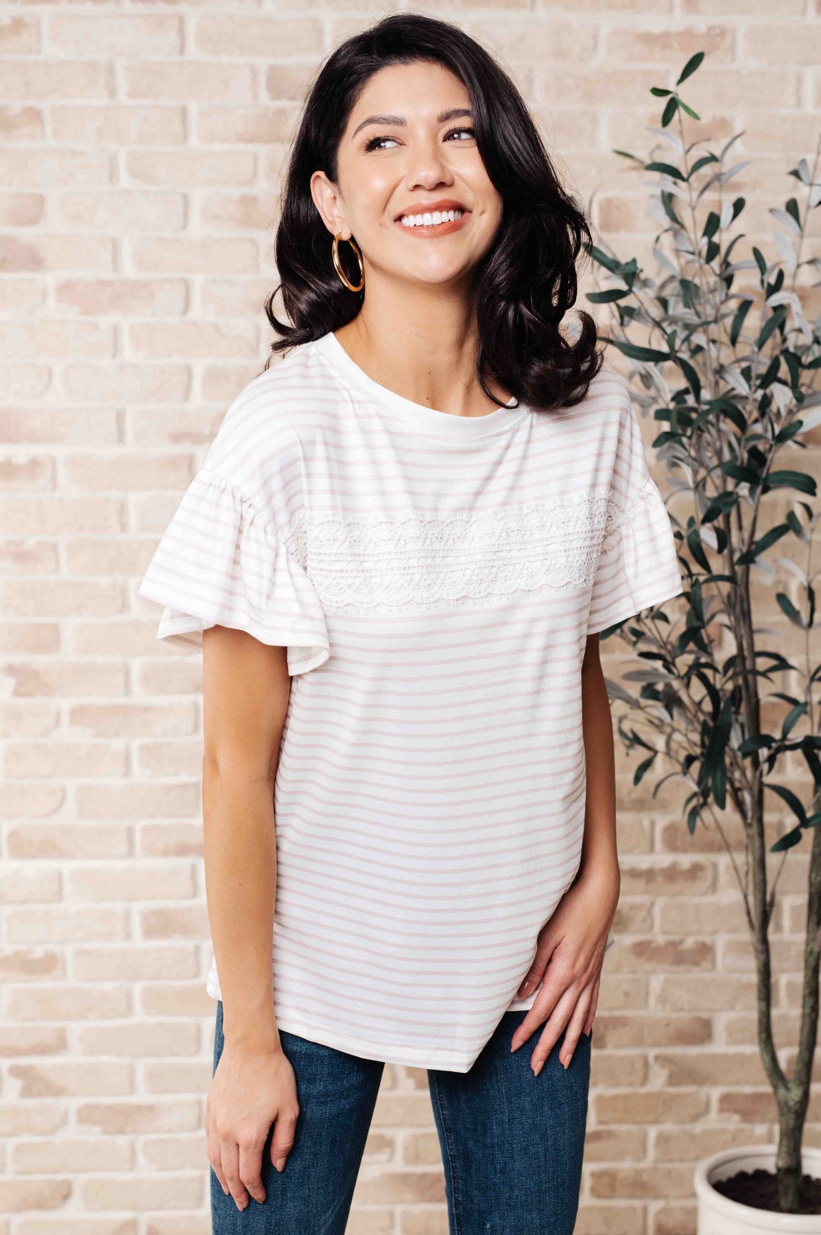 Hand To Hold Lace Detail Striped Top