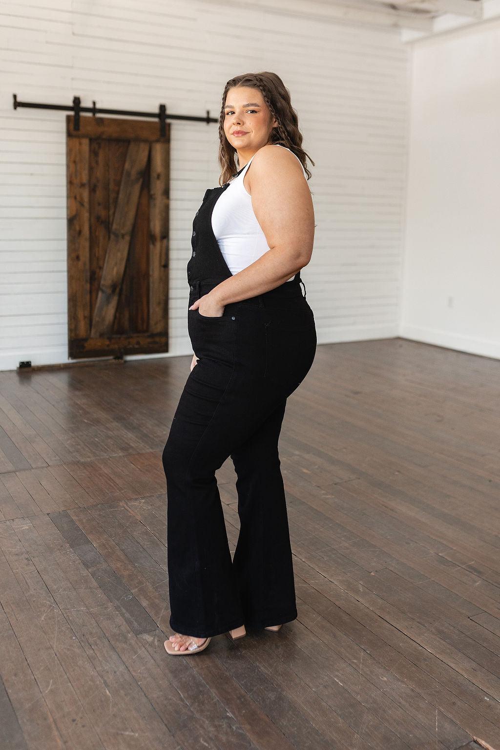 Imogene Control Top Retro Flare Overalls in Black - Waverly Paige Boutique
