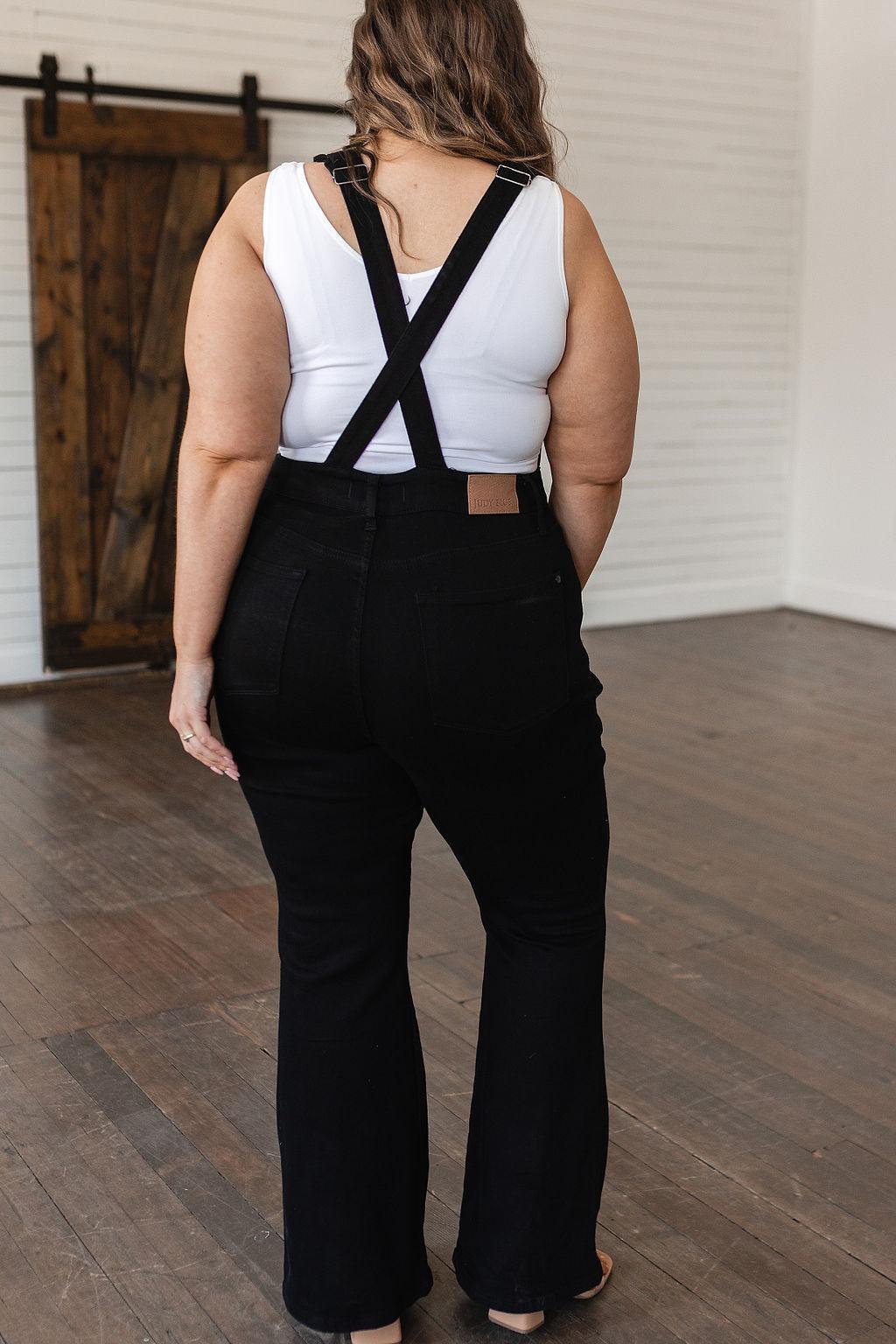 Imogene Control Top Retro Flare Overalls in Black - Waverly Paige Boutique