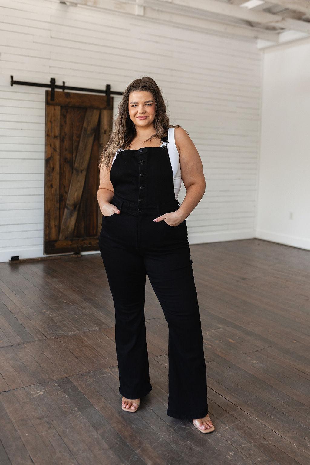 Imogene Control Top Retro Flare Overalls in Black - Waverly Paige Boutique