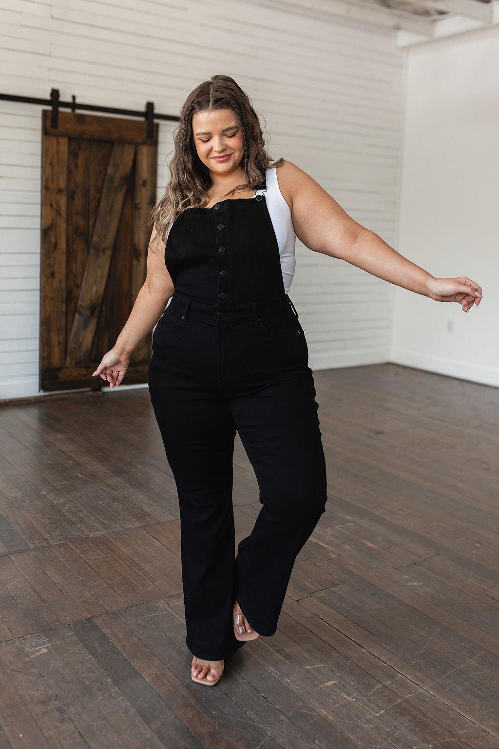 Imogene Control Top Retro Flare Overalls in Black - Waverly Paige Boutique