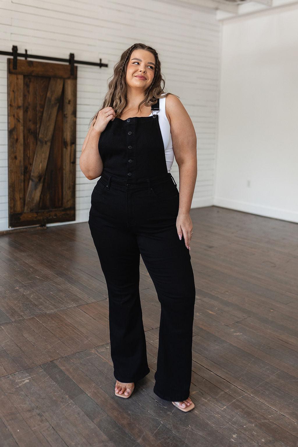 Imogene Control Top Retro Flare Overalls in Black - Waverly Paige Boutique