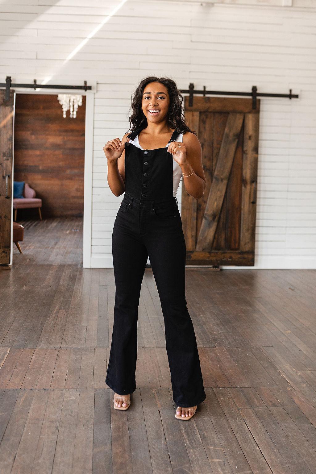 Imogene Control Top Retro Flare Overalls in Black - Waverly Paige Boutique