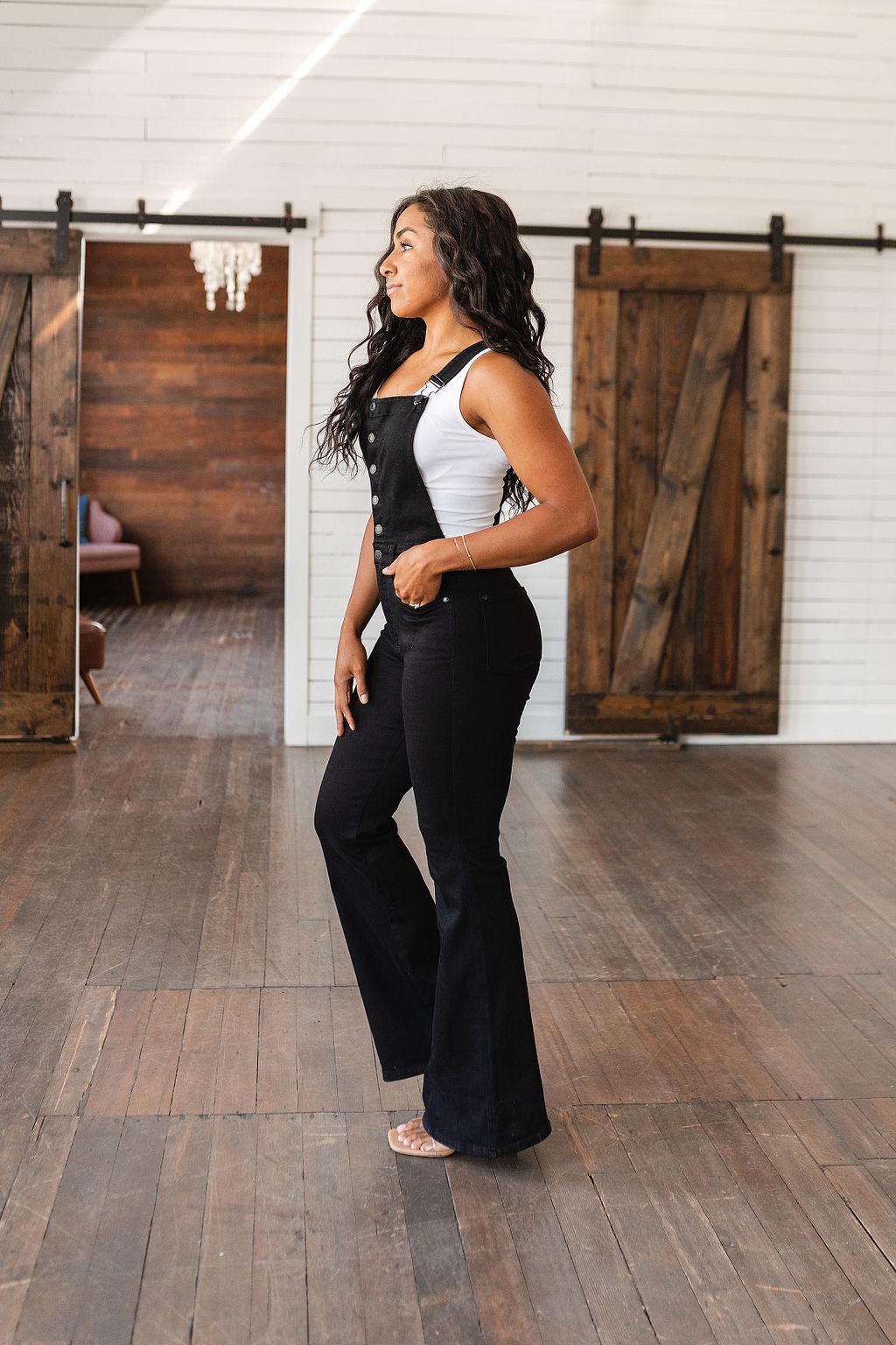 Imogene Control Top Retro Flare Overalls in Black - Waverly Paige Boutique
