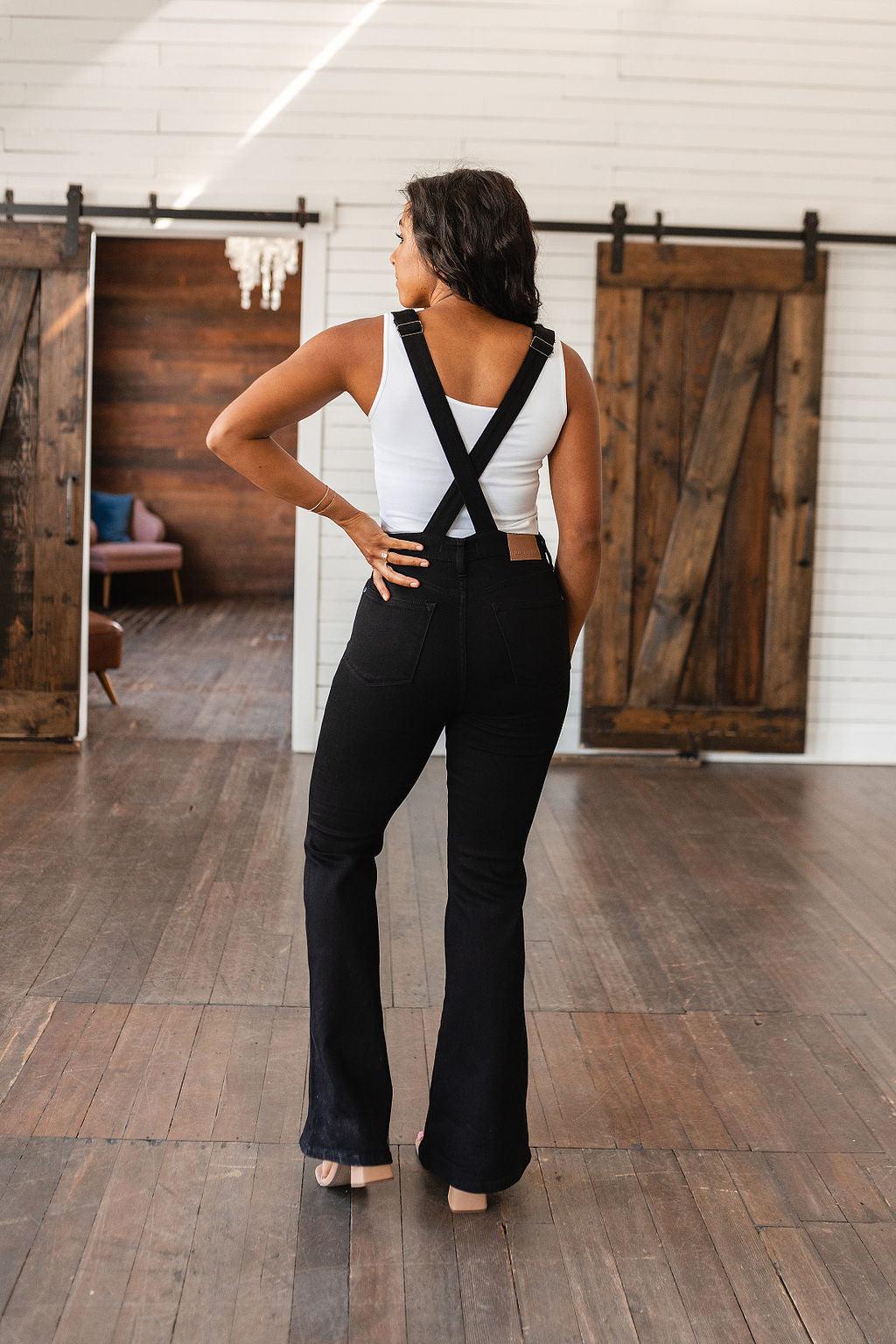 Imogene Control Top Retro Flare Overalls in Black - Waverly Paige Boutique