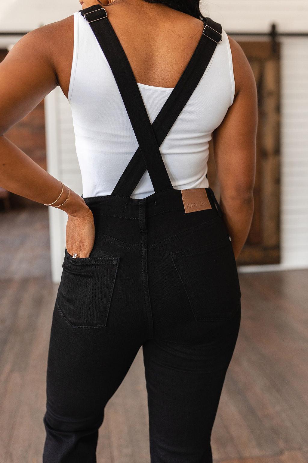 Imogene Control Top Retro Flare Overalls in Black - Waverly Paige Boutique