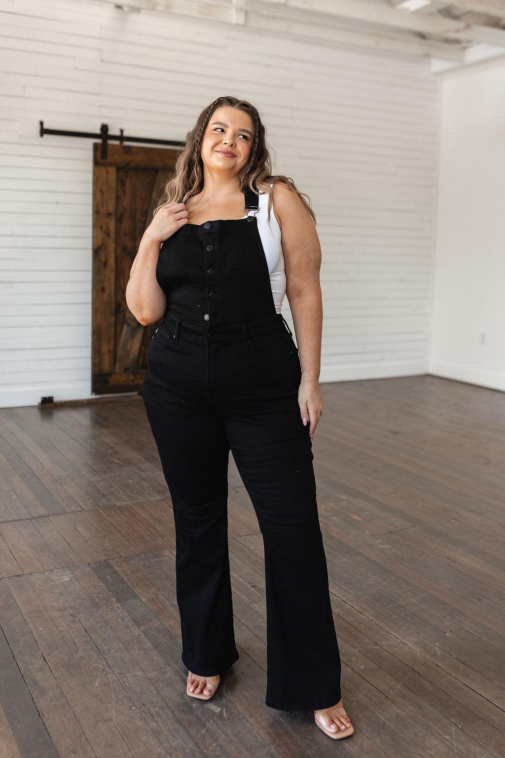 Imogene Control Top Retro Flare Overalls in Black - Waverly Paige Boutique