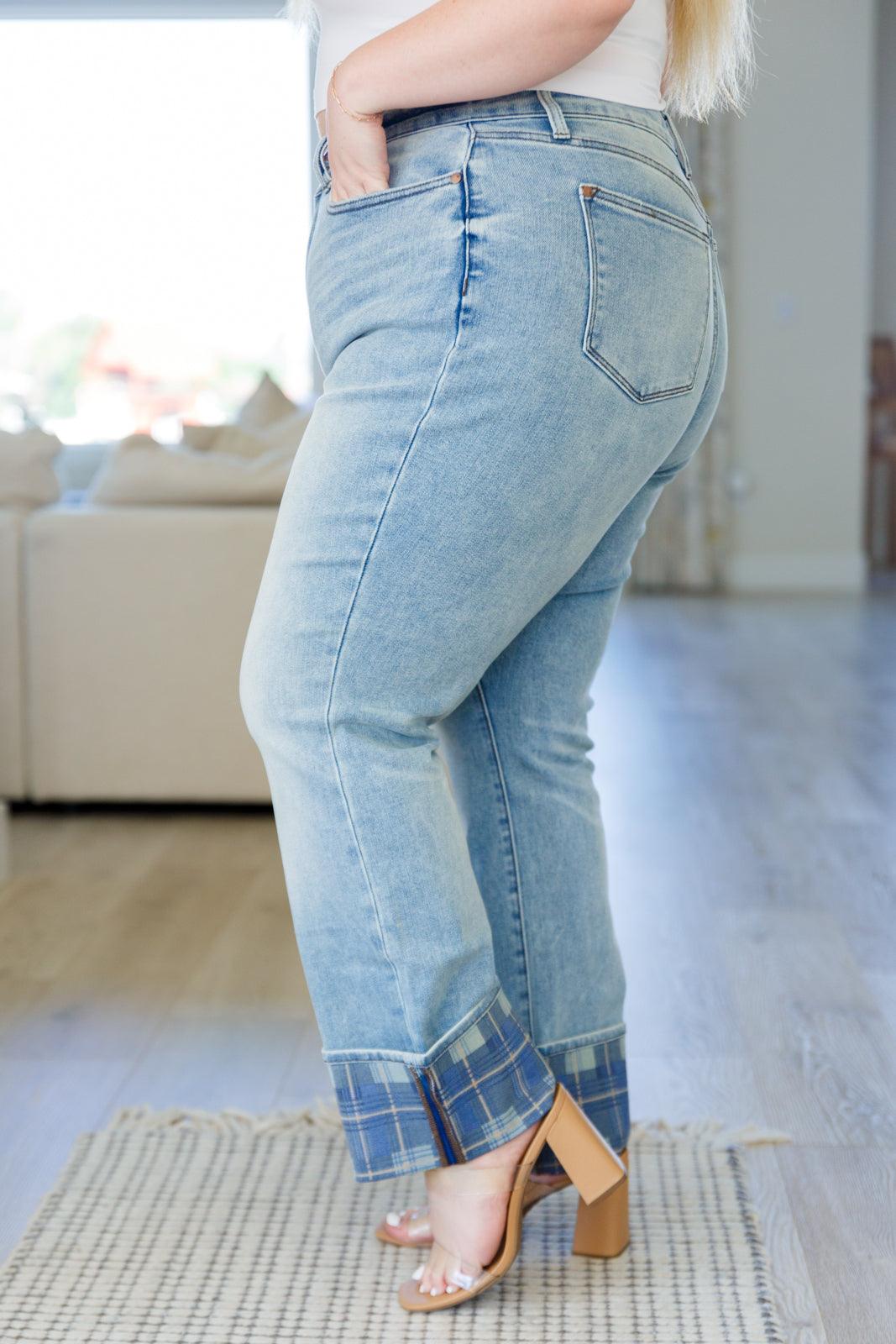 Miranda High Rise Plaid Cuff Vintage Straight Jeans - Waverly Paige Boutique