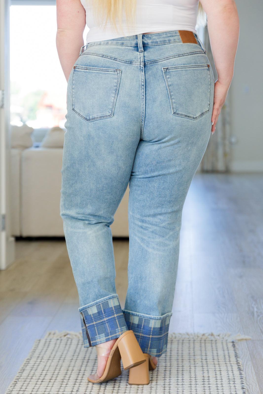 Miranda High Rise Plaid Cuff Vintage Straight Jeans - Waverly Paige Boutique