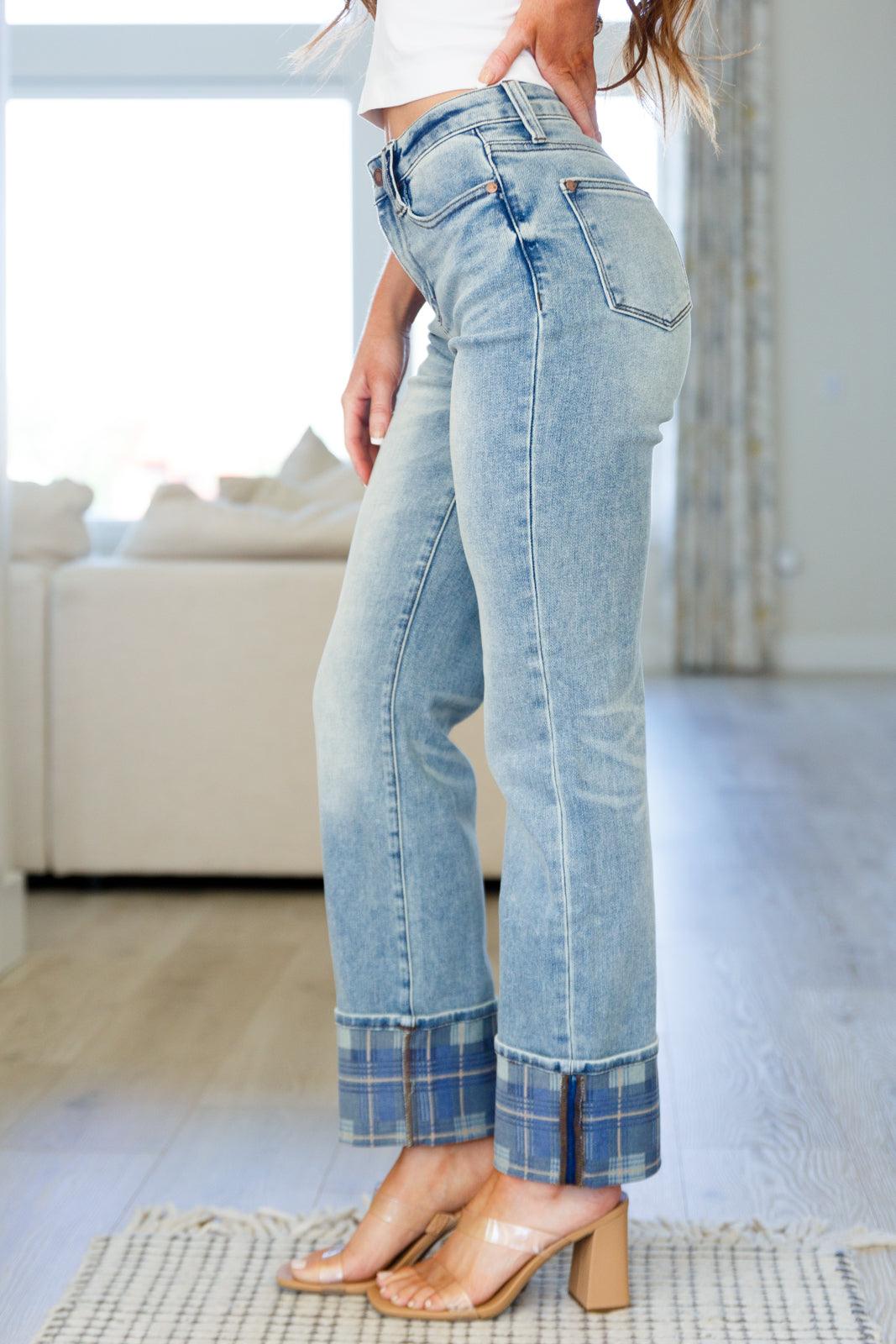 Miranda High Rise Plaid Cuff Vintage Straight Jeans - Waverly Paige Boutique
