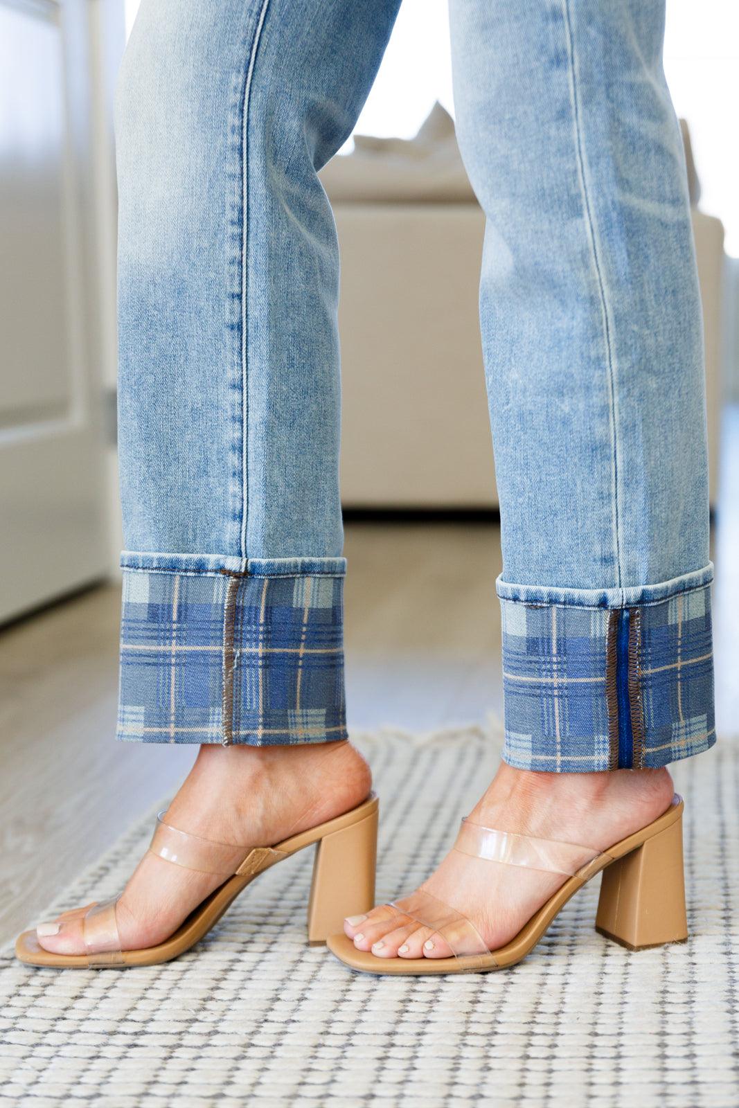 Miranda High Rise Plaid Cuff Vintage Straight Jeans - Waverly Paige Boutique