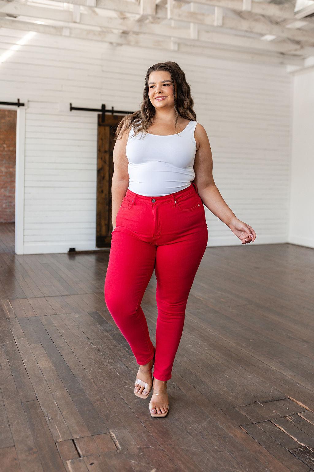 Ruby High Rise Control Top Garment Dyed Skinny Jeans in Red - Waverly Paige Boutique