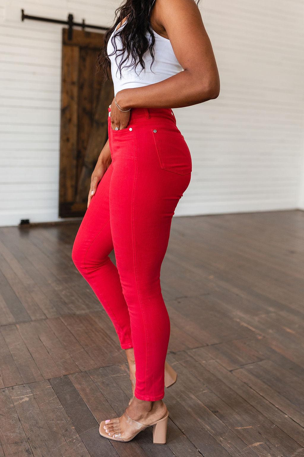 Ruby High Rise Control Top Garment Dyed Skinny Jeans in Red - Waverly Paige Boutique