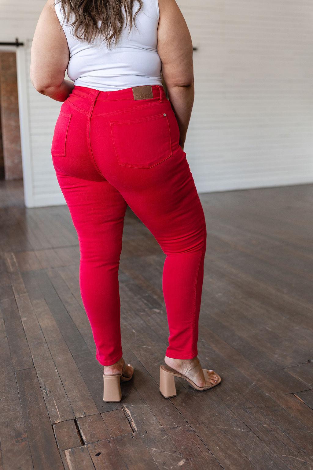 Ruby High Rise Control Top Garment Dyed Skinny Jeans in Red - Waverly Paige Boutique