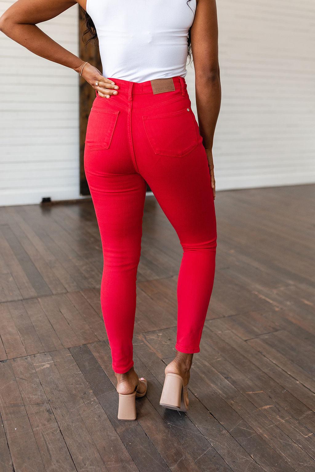 Ruby High Rise Control Top Garment Dyed Skinny Jeans in Red - Waverly Paige Boutique