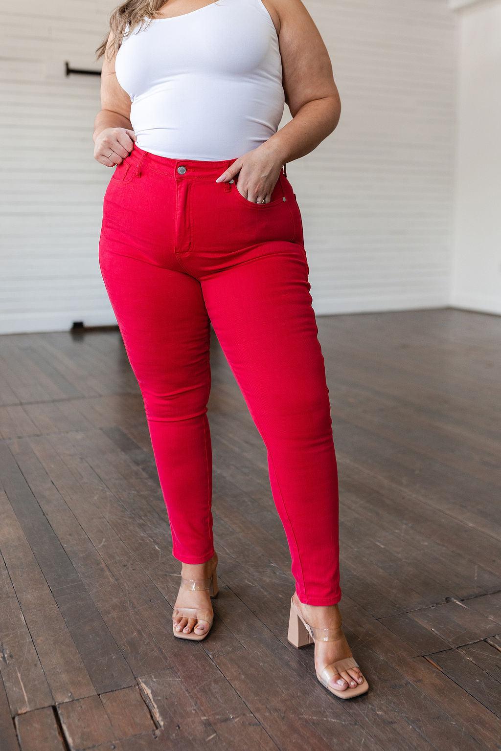 Ruby High Rise Control Top Garment Dyed Skinny Jeans in Red - Waverly Paige Boutique