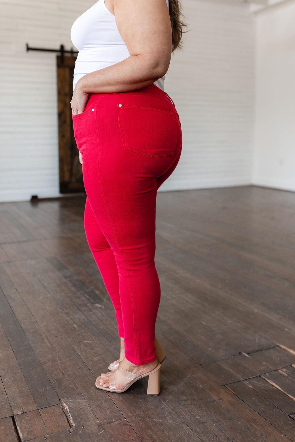 Ruby High Rise Control Top Garment Dyed Skinny Jeans in Red - Waverly Paige Boutique