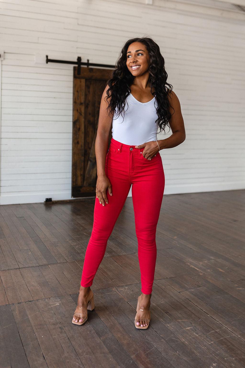 Ruby High Rise Control Top Garment Dyed Skinny Jeans in Red - Waverly Paige Boutique