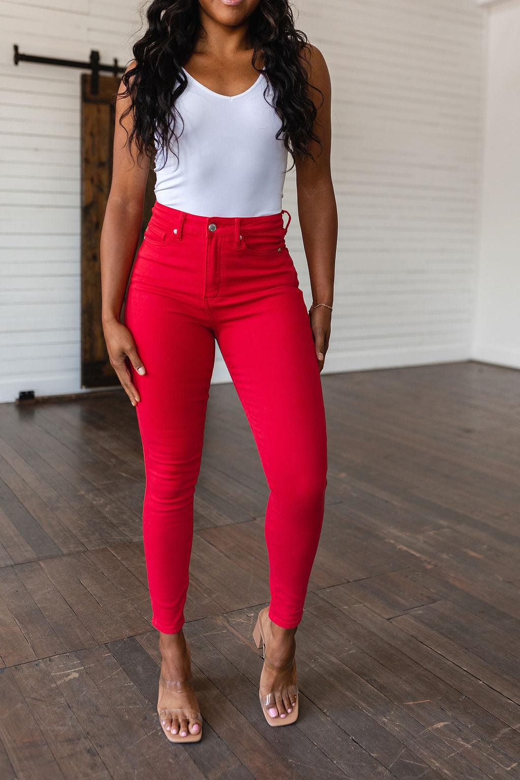 Ruby High Rise Control Top Garment Dyed Skinny Jeans in Red - Waverly Paige Boutique