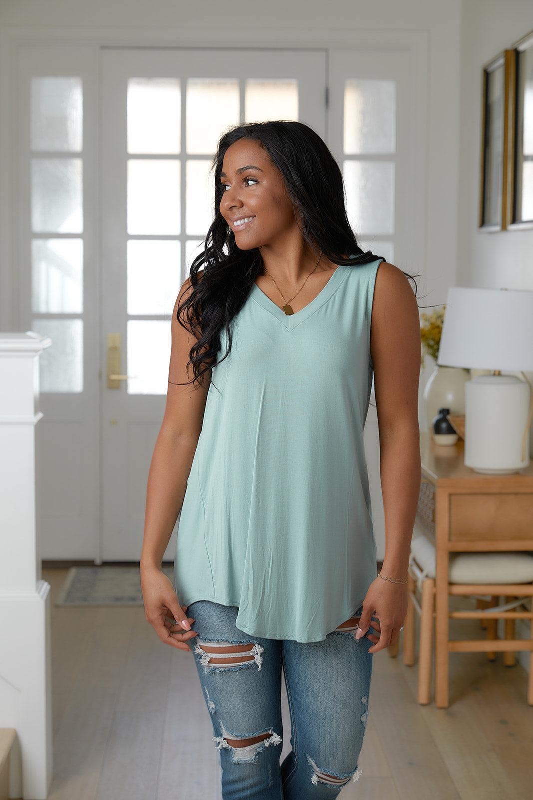 Trust Me V-Neck Tank in Dusty Green - Waverly Paige Boutique