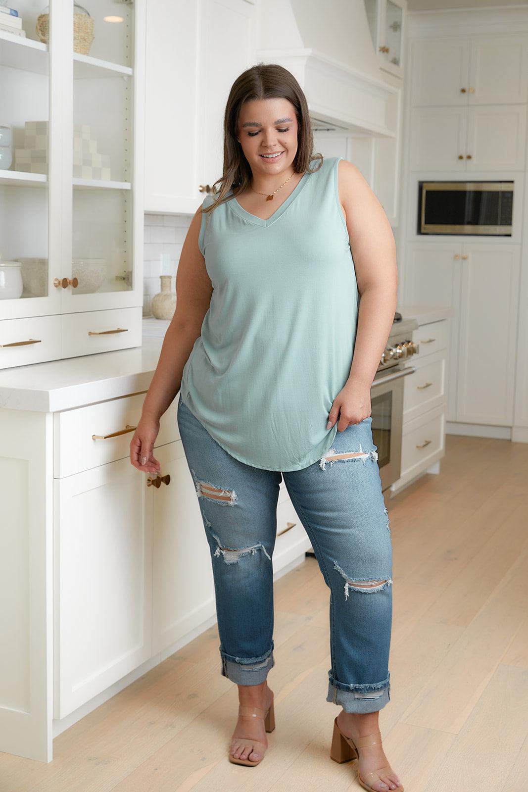 Trust Me V-Neck Tank in Dusty Green - Waverly Paige Boutique