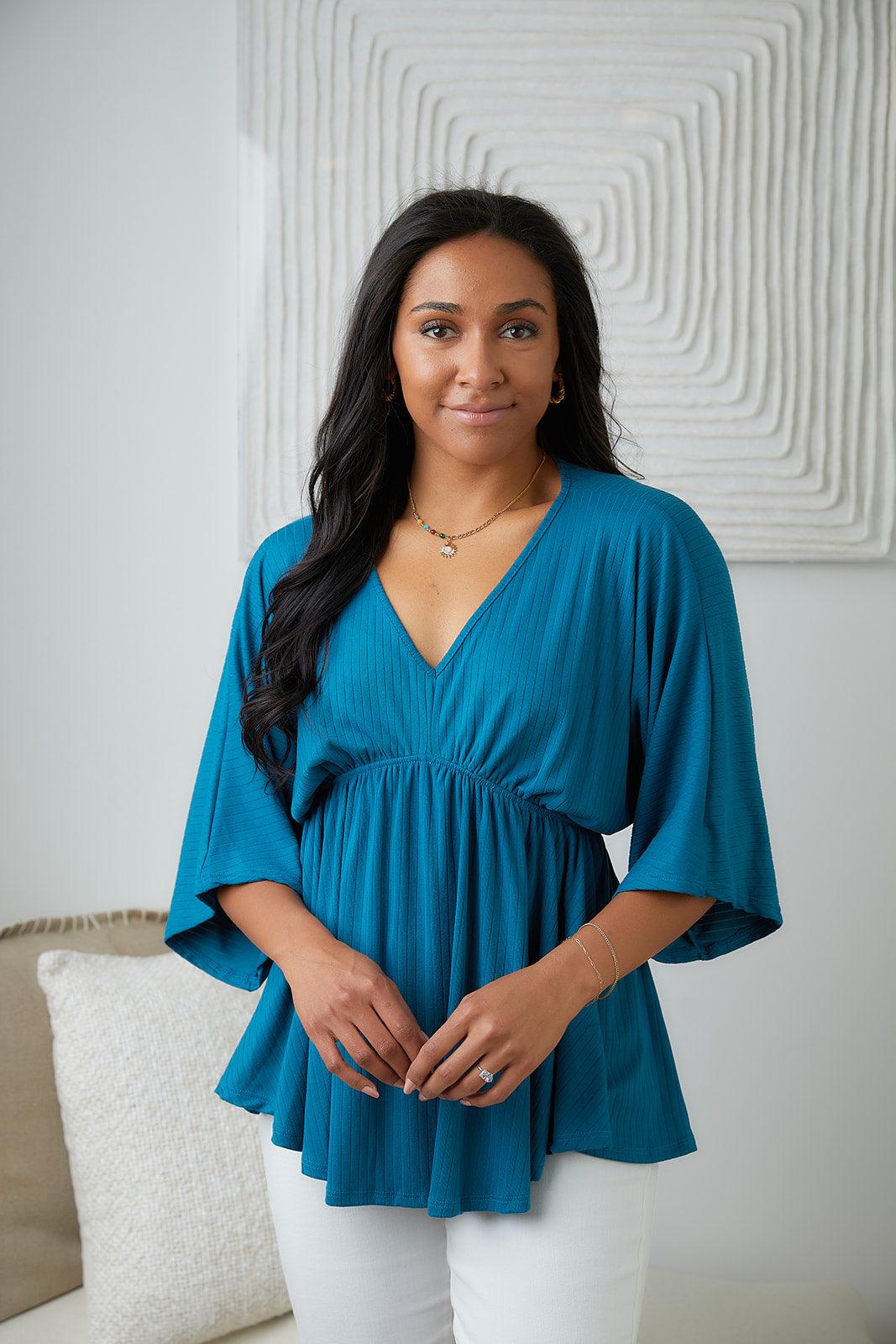Storied Moments Draped Peplum Top in Teal - Waverly Paige Boutique