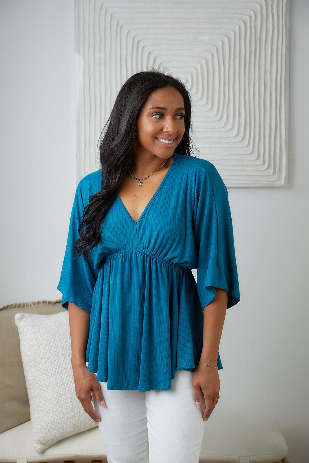 Storied Moments Draped Peplum Top in Teal - Waverly Paige Boutique
