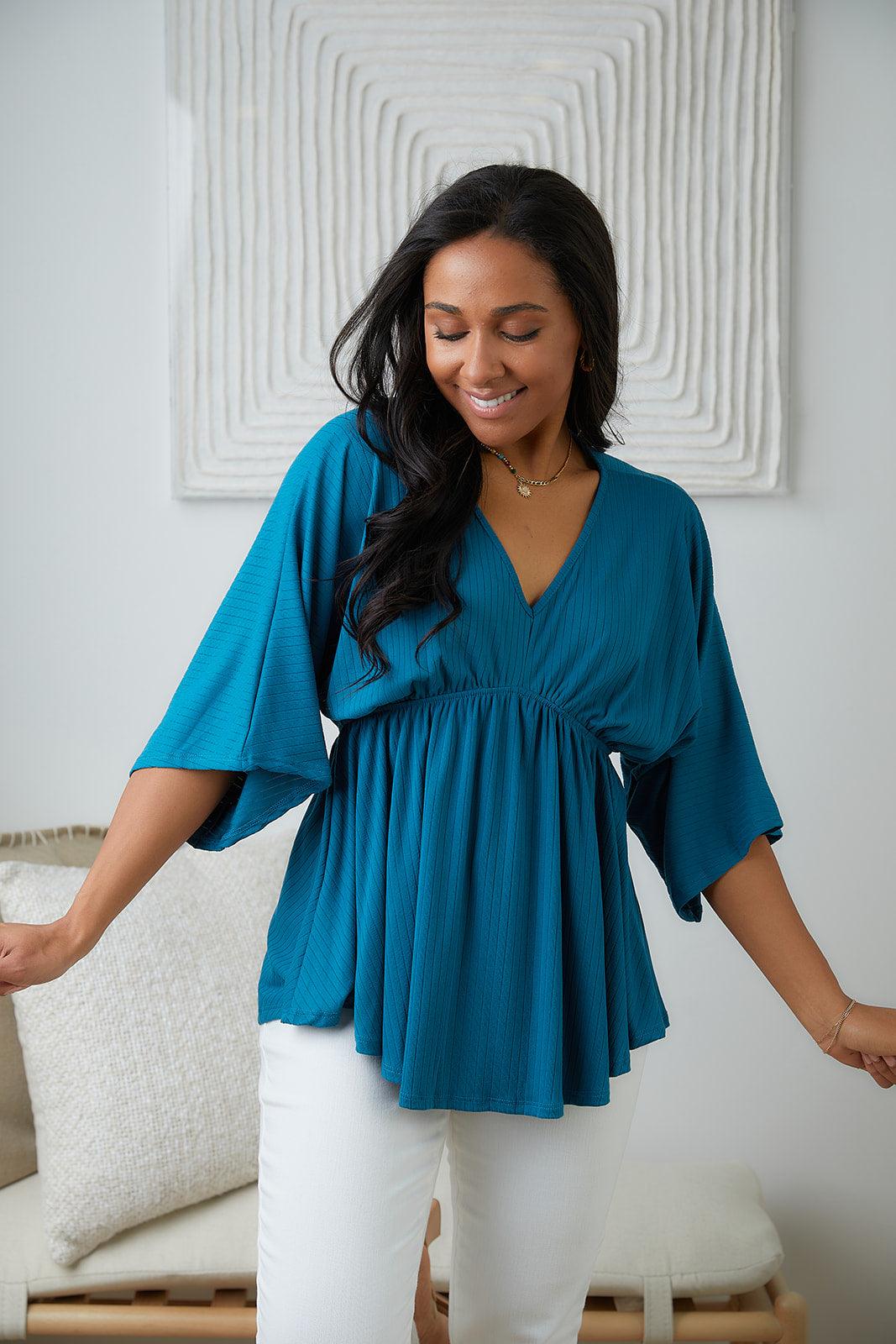 Storied Moments Draped Peplum Top in Teal - Waverly Paige Boutique