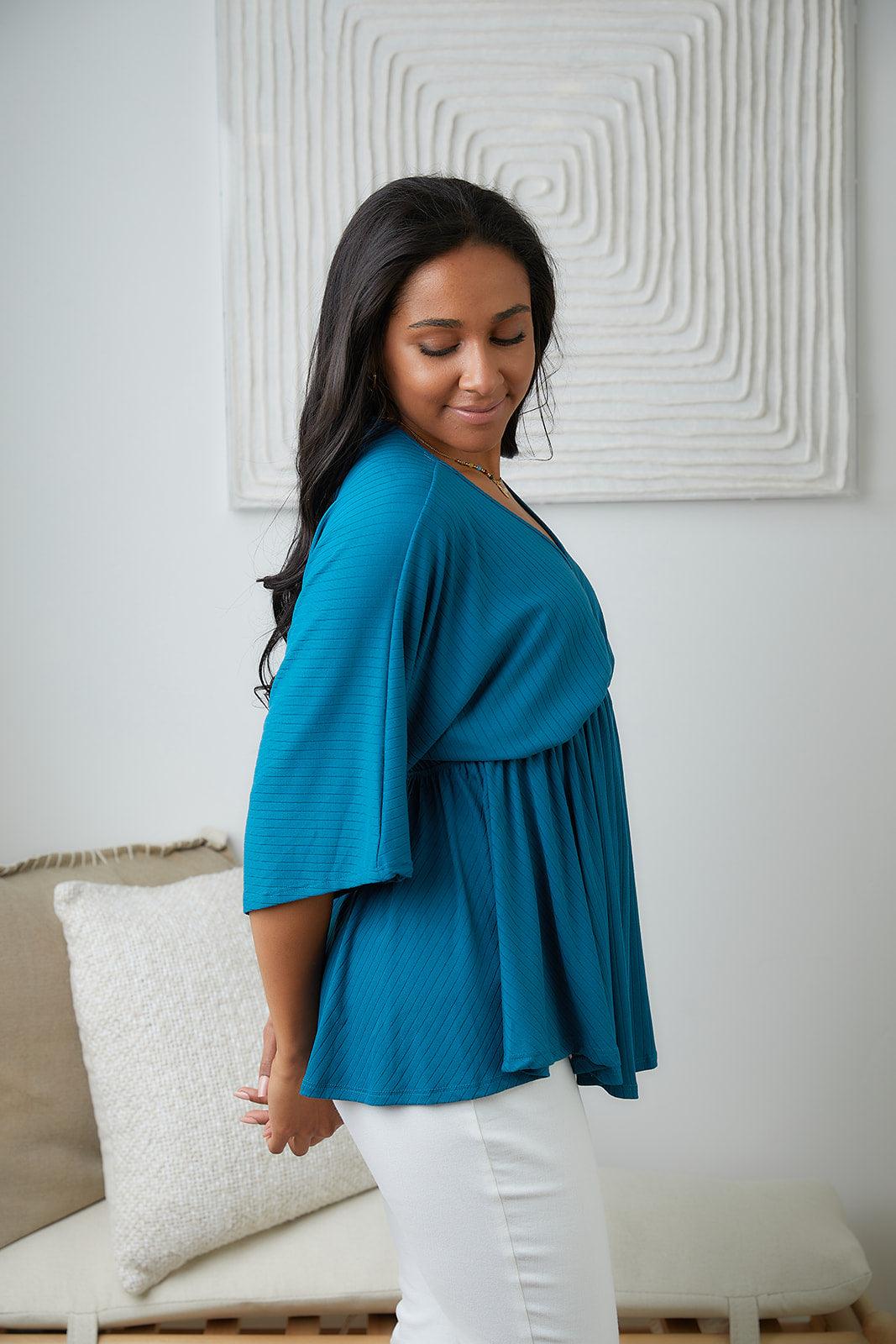 Storied Moments Draped Peplum Top in Teal - Waverly Paige Boutique