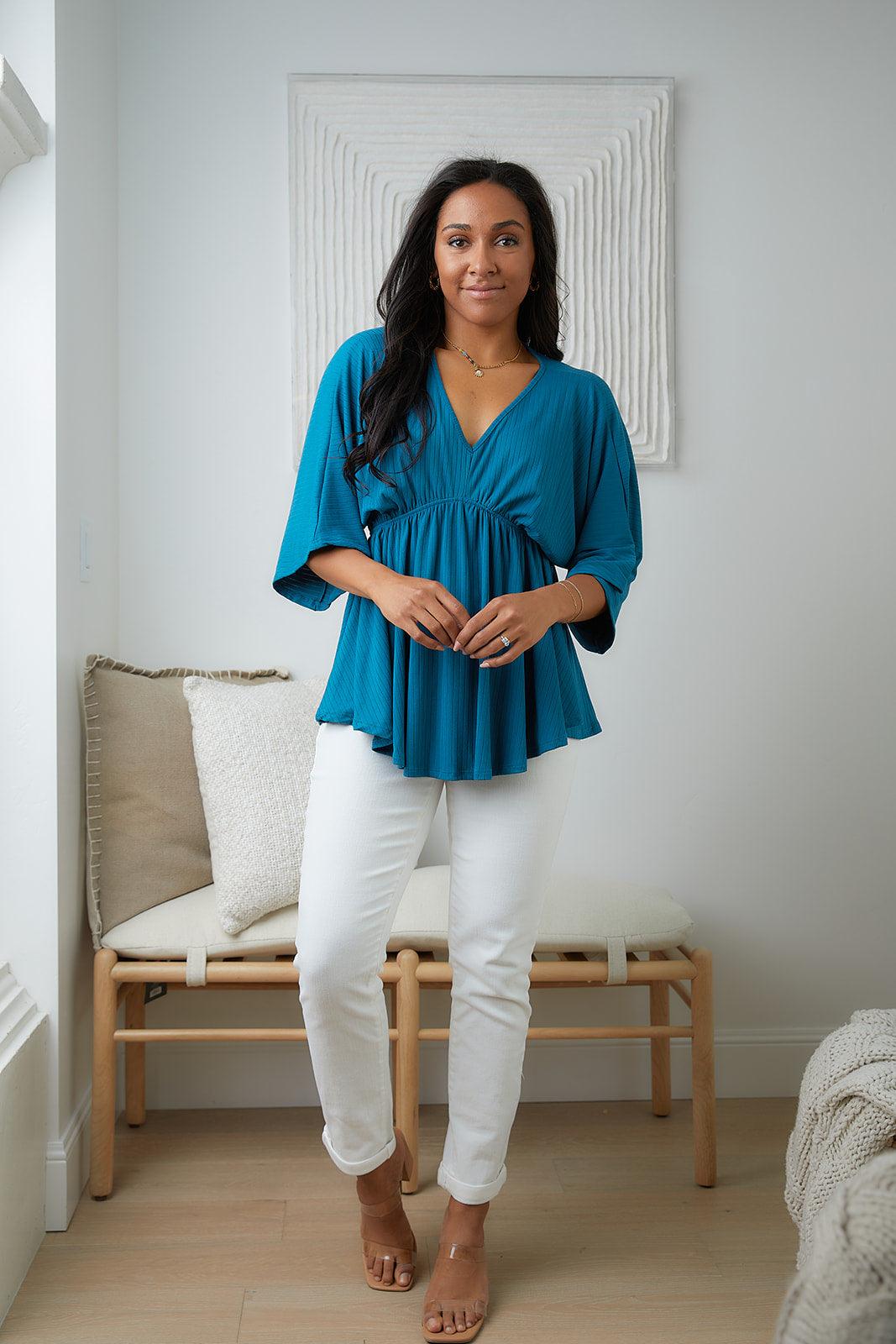 Storied Moments Draped Peplum Top in Teal - Waverly Paige Boutique