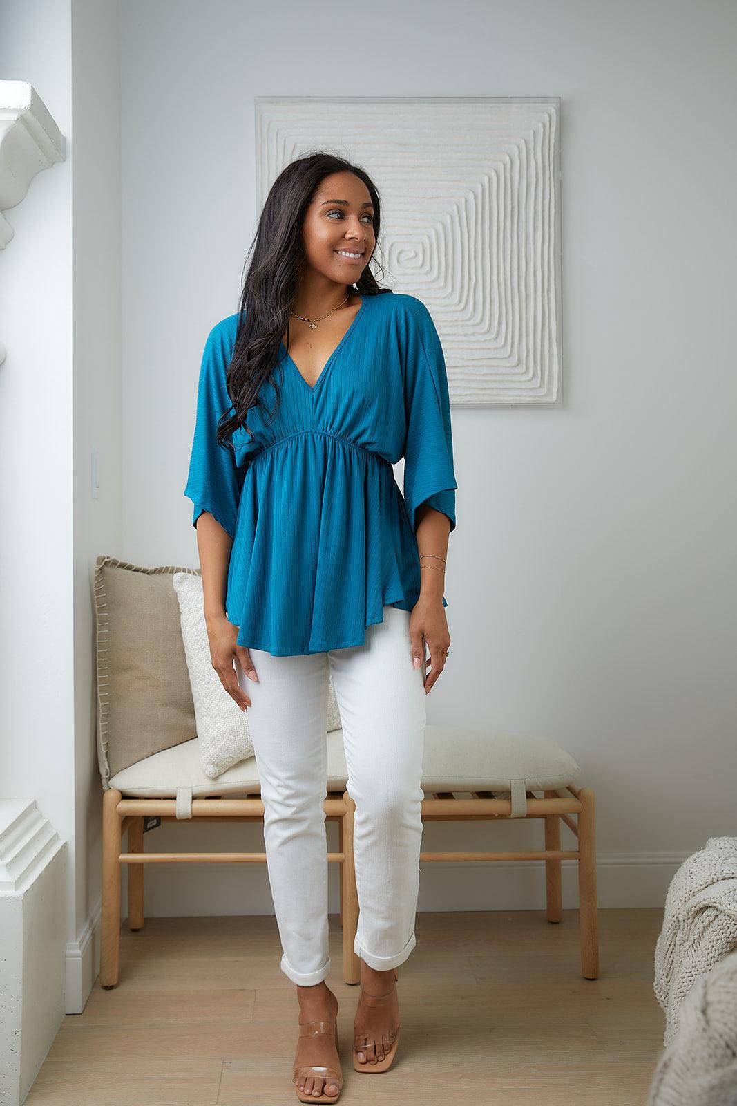 Storied Moments Draped Peplum Top in Teal - Waverly Paige Boutique