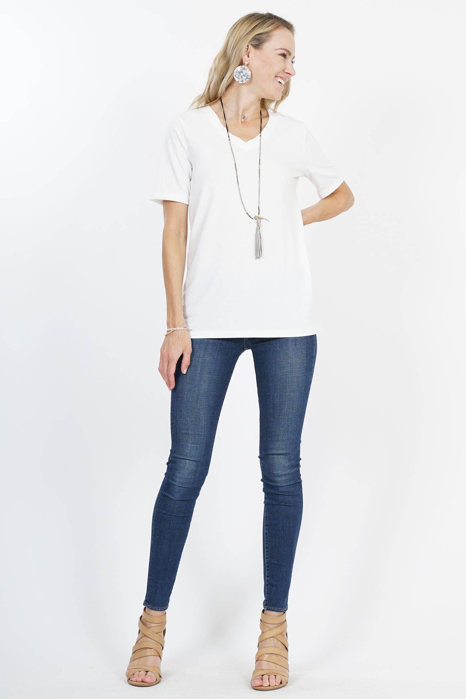 IVORY PREMIUM FABRIC SHORT SLEEVE V-NECK TEE - Waverly Paige Boutique