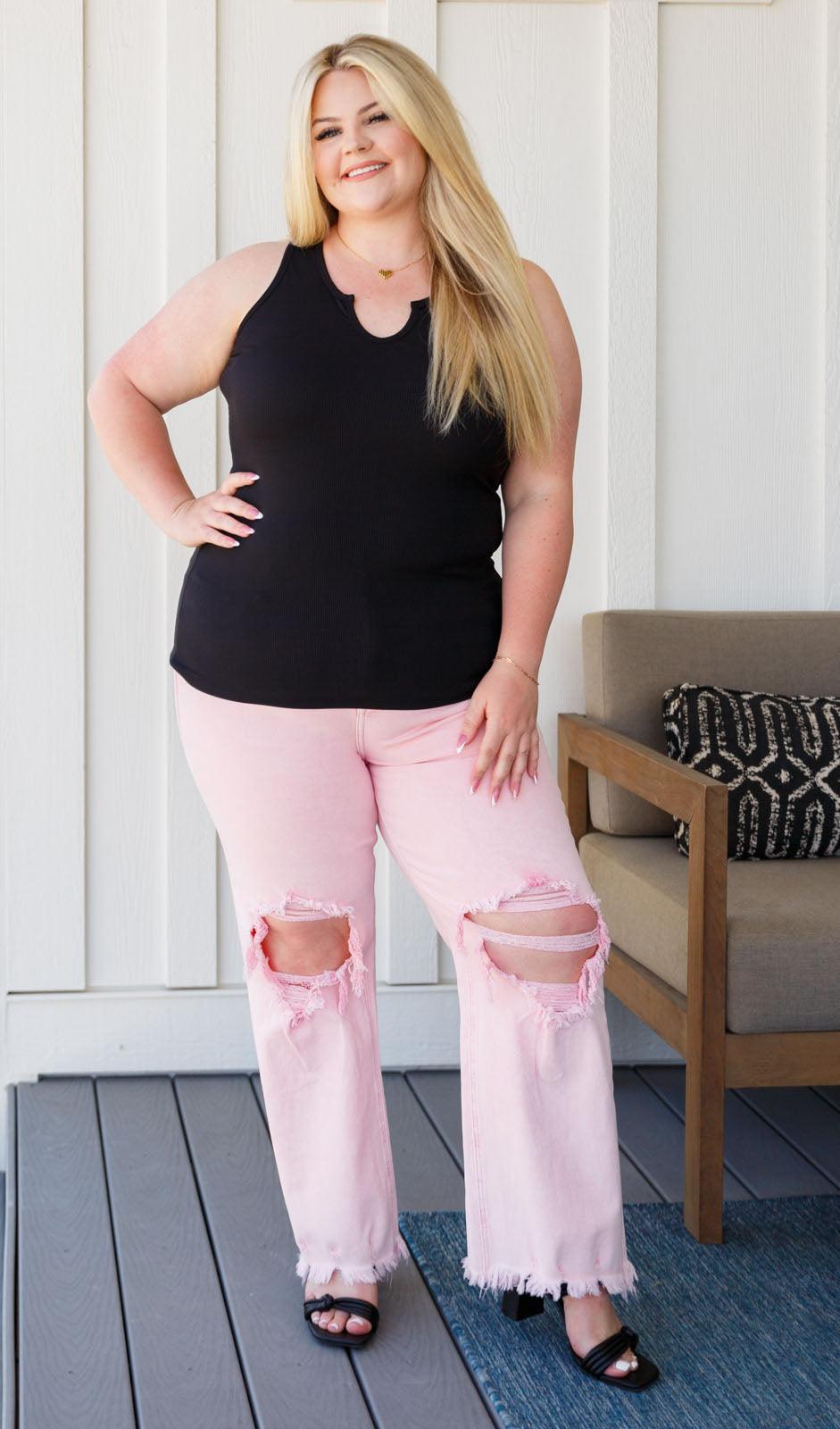 Babs Distressed Straight Jeans in Pink - Waverly Paige Boutique