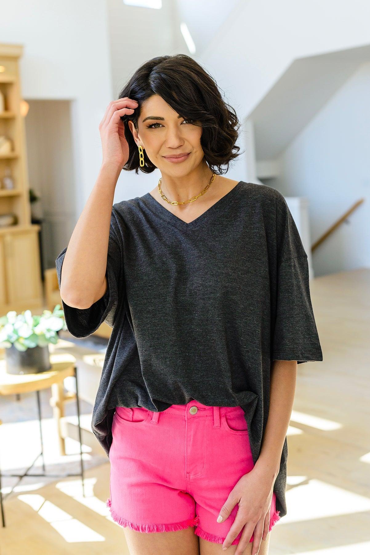 Boxy V Neck Boyfriend Tee In Charcoal - Waverly Paige Boutique