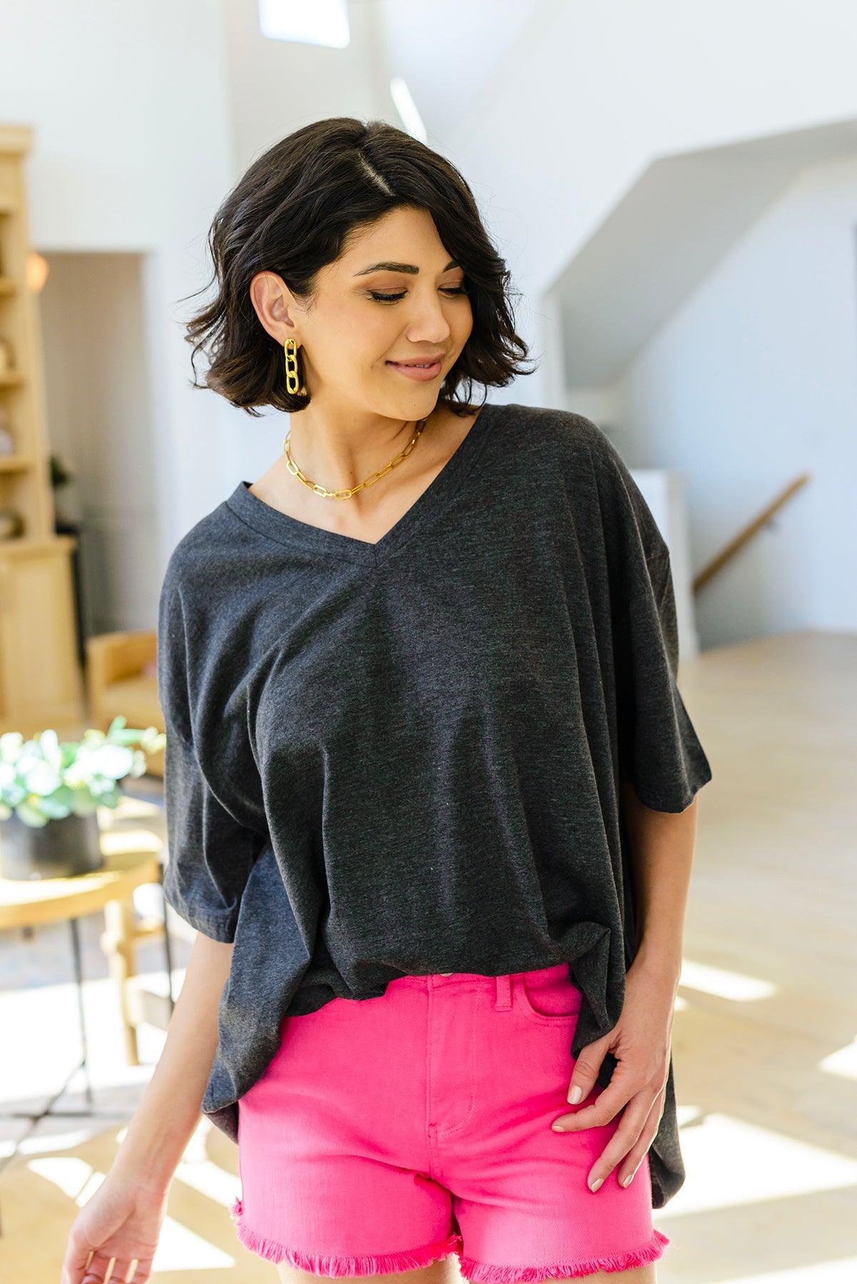 Boxy V Neck Boyfriend Tee In Charcoal - Waverly Paige Boutique