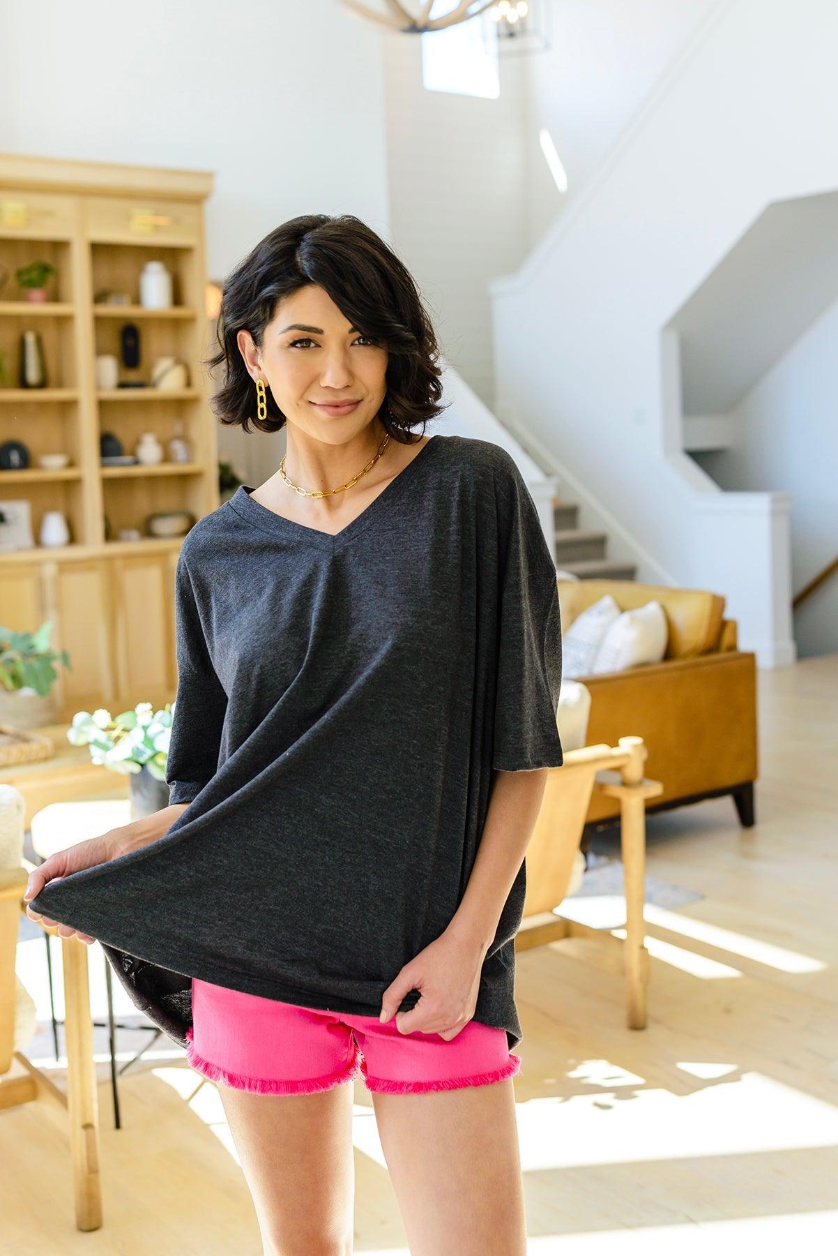 Boxy V Neck Boyfriend Tee In Charcoal - Waverly Paige Boutique