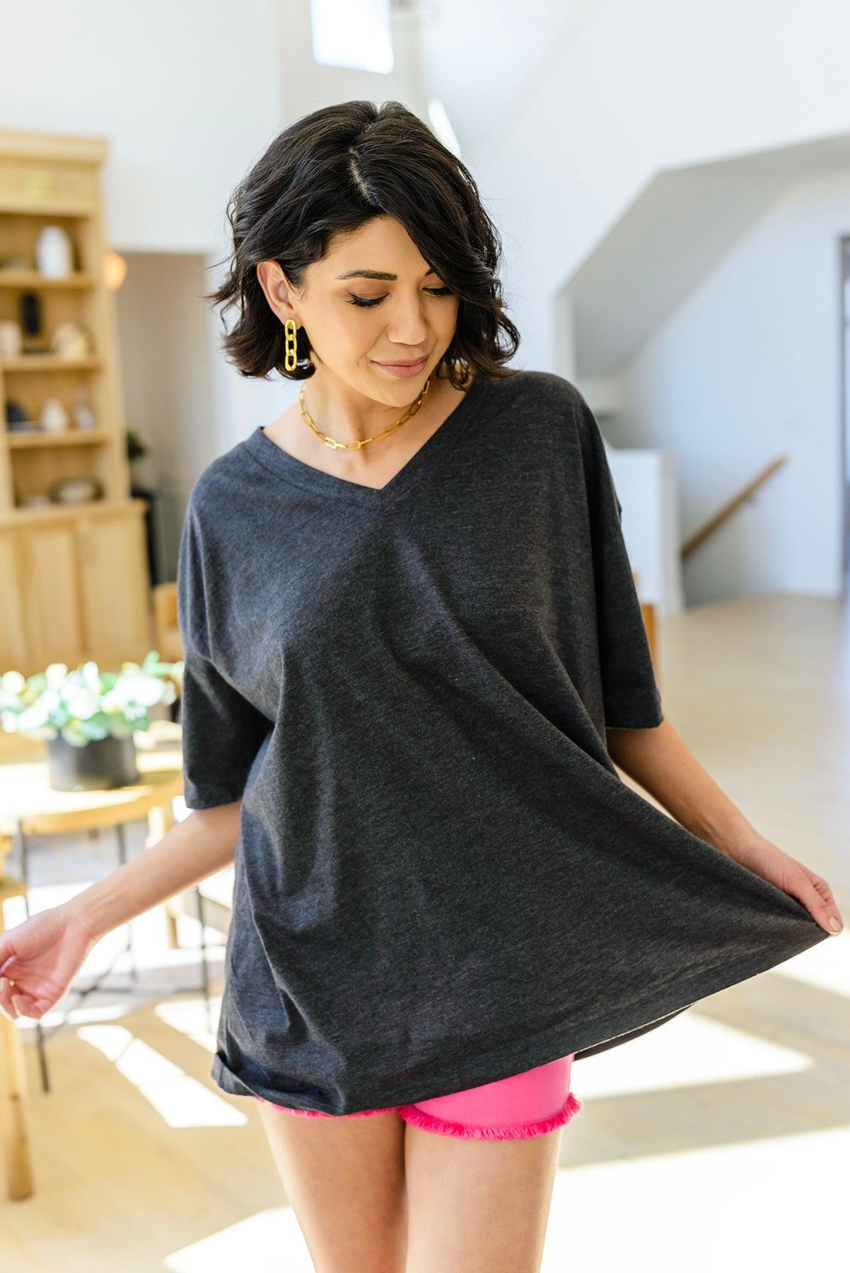 Boxy V Neck Boyfriend Tee In Charcoal - Waverly Paige Boutique
