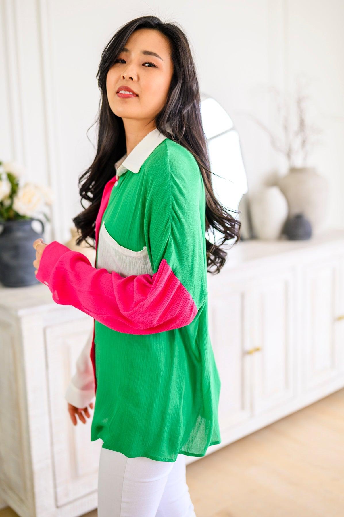 Capture the Day Two Toned Button Up Kelly - Waverly Paige Boutique