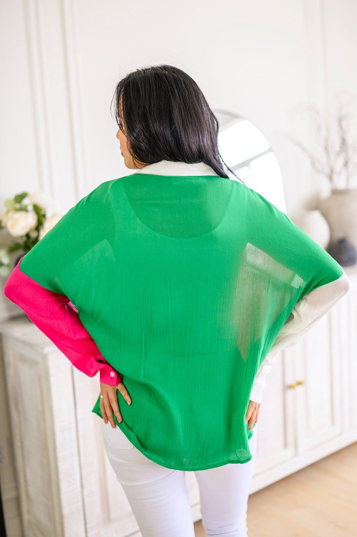 Capture the Day Two Toned Button Up Kelly - Waverly Paige Boutique