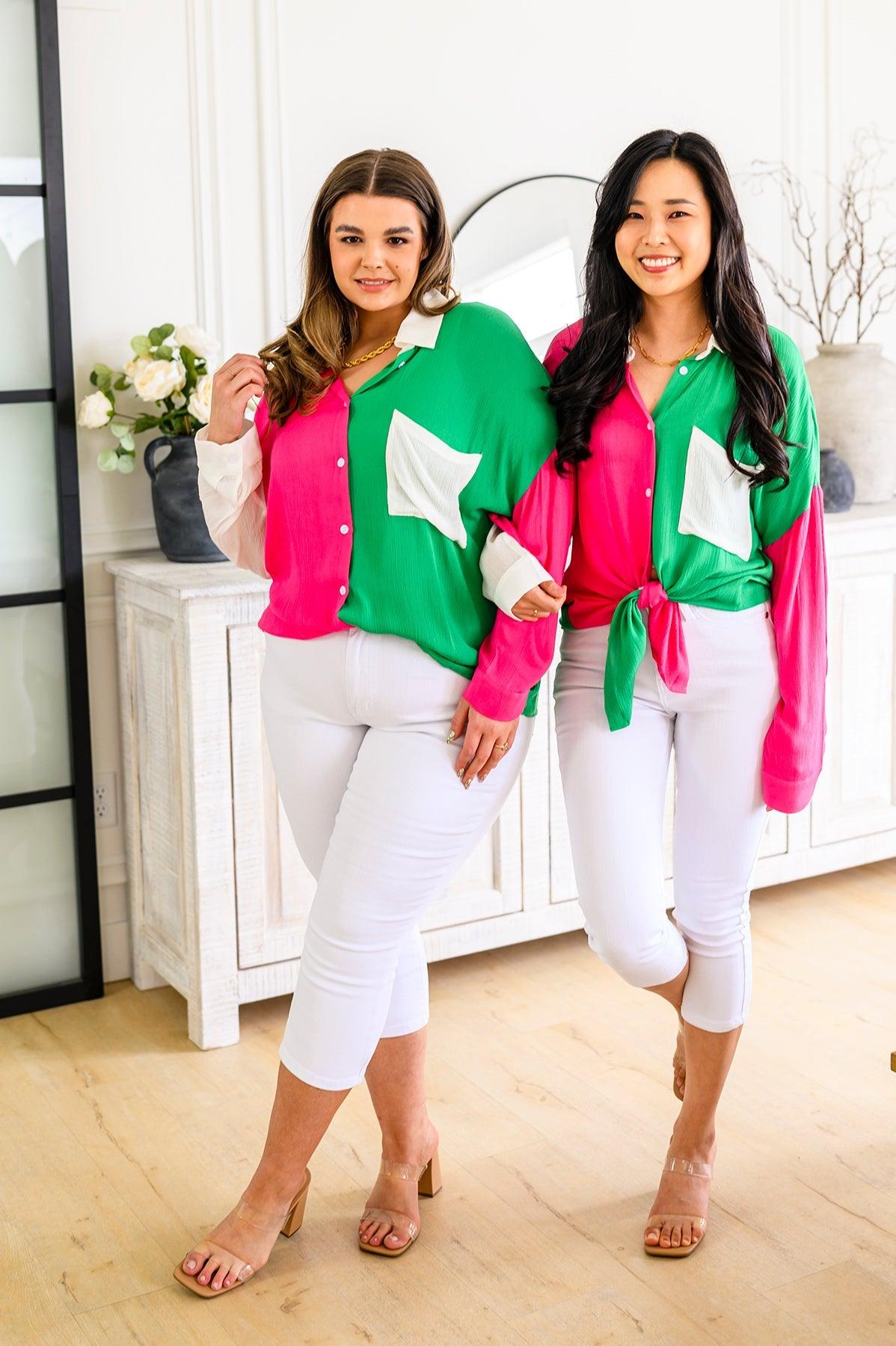 Capture the Day Two Toned Button Up Kelly - Waverly Paige Boutique