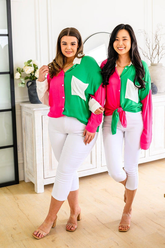 Capture the Day Two Toned Button Up Kelly - Waverly Paige Boutique