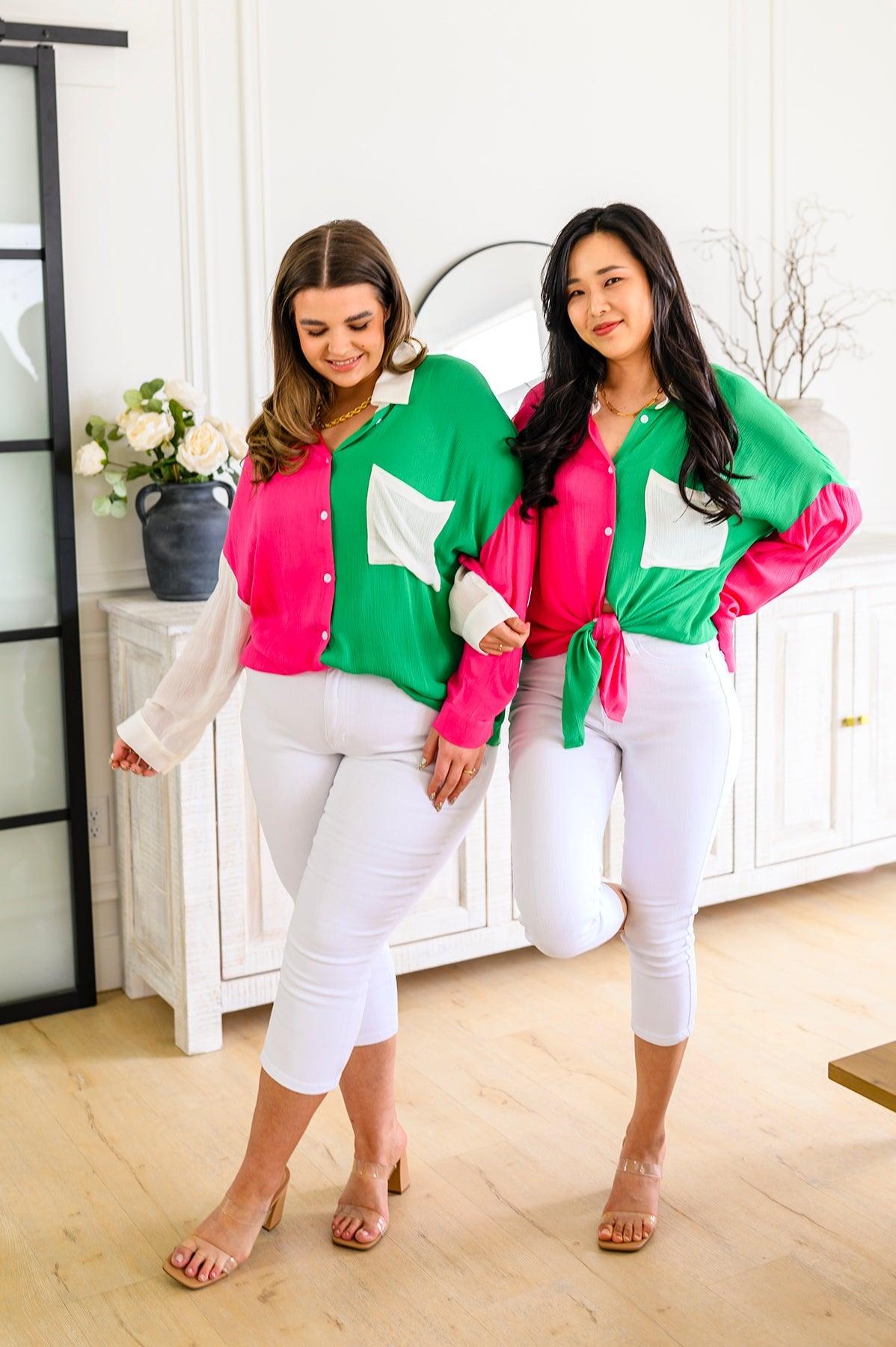 Capture the Day Two Toned Button Up Kelly - Waverly Paige Boutique
