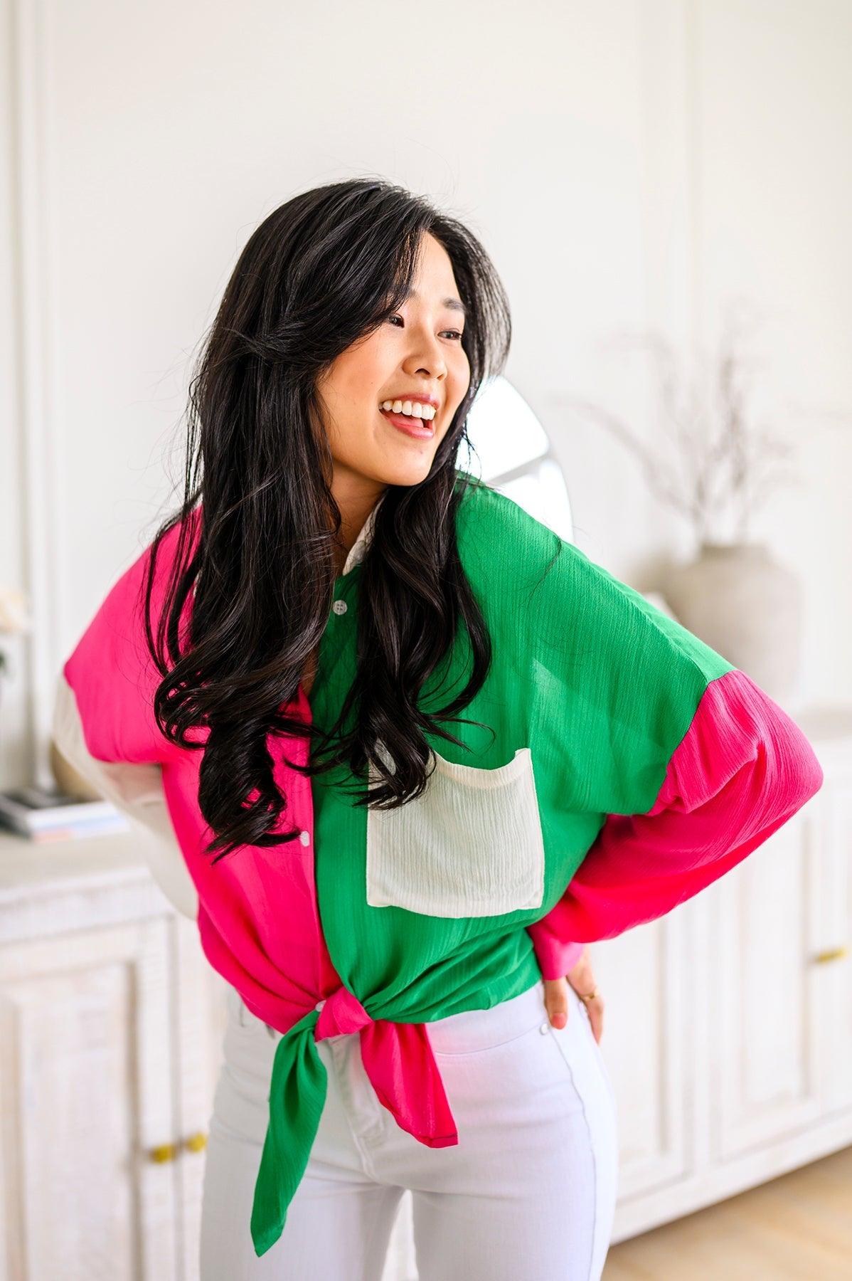 Capture the Day Two Toned Button Up Kelly - Waverly Paige Boutique